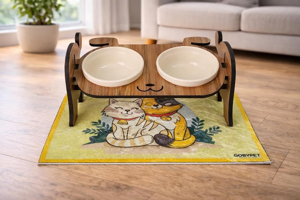gobypet always the best Ahşap Köpek Mama ve Su Kabı ile Kedi Köpek Paspası - Demonte Köpek Mama Su Kabı, Çift Hazneli Seramik Mama ve Su Kabı - Ayarlanabilir Kedi Köpek Mama Kabı (Beyaz)