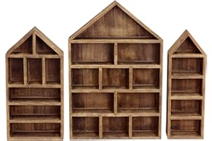 Ikee Design House-Shaped Wooden Shadow Cubby Box Display Shelf Organizer Storage Shadow Box for Mini Figures, Set of 3, Brown Color, 10" W x 2 1/4" D x 15" H