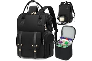 ROSEGIN Wickeltasche Rucksack, Milchpumpen Tasche mit Kühltasche, Passend für Momcozy, Philips, Medela, Geeignet für 15,6" Laptop, 15 Fächer, Kinderwagengurte, Schnullerhalter,Schwarz