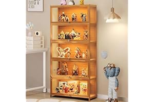 Scribora Display Cabinet with Glass Doors, 5 Tier Storage Cabinets, Bookcase for Books & Trophies & Collectibles, Display Case for Living Room, Office, Game Room, Bedroom, Bamboo