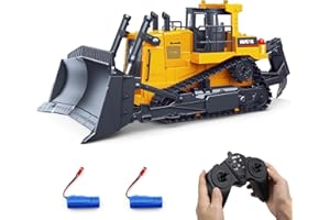 fisca RC Bulldozer, Ferngesteuerter 1/16 Voll Funktionsfähiges Baufahrzeug Ferngesteuerter Schwerer Bulldozer, 2.4 GHz 11-Kanal-Dozer-Frontlader-Spielzeug mit Licht und Sound für Kinder