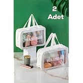 Porsima 3142-1 2li Şeffaf Beyaz Seyahat ve Makyaj &Ccedil;antası Su Ge&ccedil;irmez Organizer Washbag 20x30cm, 3140-22