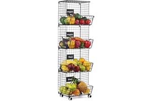 SHINOSKE Home Carrello Cucina Cestino per Frutta a 4 strati con Ruote girevoli a 360 Gradi Cesti Impilabili per Cucina Dispensa Ripostiglio Bagno