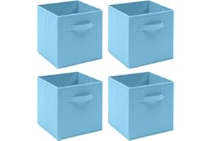 BonChoice Foldable Storage Cubes Boxes Pack of 4 with Handle for Home Organization, Fabric Wardrobe Storage Box Organizer Basket Bins for Clothes Beddings Toys Towels, Collapsible & Durable (Blue, 4)