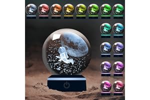 YATOSEEN Astronauta 3D y Bola de Cristal Lunar con Luz Nocturna Multicolor, Cristal K9 Modelo Mini Astronauta Volando en la Luna, Regalo para Niños Amigos Pareja Festival de Cumpleaños