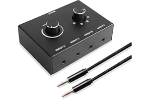 XMSJSIY 4-portowy pomocniczy przełącznik audio 3,5 mm, wyjście 4 w 1 lub 1 w 4 wyjścia, Plug and Play, regulacja głośności, silna ochrona przed zakłóceniami, kompatybilny z komputerem, telefonem,