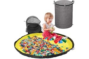 Exquilnova Aufbewahrungstasche für Spielzeug, Bausteine Aufbewahrung Tasche mit Spielmatte und Deckel Aufbewahrungsbox mit Spielteppich, Aufbewahrungskorb für Kinderzimmer, Kinder Geschenk (Grau)
