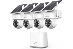 ANSQUE 2K Camera Surveillance WiFi Exterieure sans Fil Solaire à Batterie, Kit 4 Caméras avec Homebase, Zéro Frais, PTZ 360°, Suivi Automatique, Vision Nocturne en Couleur, Alarme Lumineuse Sonore