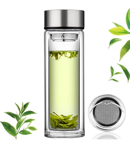 Tryteava Glass Infuser, Tryteava 3-in-1 Smart Tea Infuser, Teeflasche mit Sieb doppelwandig, Tragbare isolierte Wassertrennung Glas Teetöpfen Für Blühenden und Losen Blatttee (500ML