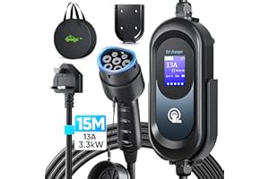 ZYNCOVE EV Charger Cable Type 2 to 3 Pin Plug 15M, 3.3kW [6/8/10/13A] Electric Car Charger 3 Pin EV Charger, Portable Type 2 Charging Cable 3 Pin with 2.4″ LED Screen Timing Delay IP67/IP54 for EVs & PHEVs