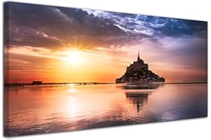 DECLINA - Cuadro Mont Saint Michel – Impresión fotográfica paisaje sobre lienzo, decoración de pared, decoración de hogar, cocina, sala de estar, dormitorio adulto – 60 x 30 cm