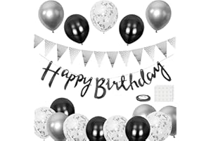 BEKOIUP Luftballons Geburtstag Dekoration, Schwarz Silber Happy Birthday Girlande deko Geburtstagsdeko Banner Party Deko Geburtstag Set mit Silber Luftballons Konfetti Ballons Dreiecksflaggen