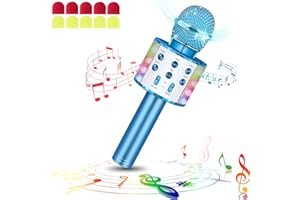 LAQULA Bezprzewodowy Mikrofon Do Karaoke Bluetooth Ze światłami LED Przenośny Ręczny śpiew Karaoke Głośnik Maszyna Zabawki Prezenty Dla Dzieci Dorośli (Niebieski, w / 10 Jednorazowych Osłon Mikrofonu)