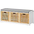 SoBuy FSR23-II-W Schoenbank met opbergruimte, schoenenrek met 4 vakken, zitkist met zitkussen, gangbank, commode voor entree, belastbaar tot 133 kg, 71 x 43 x 35 cm