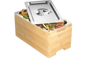 G.a HOMEFAVOR Komposteimer Edelstahl Biomülleimer mit Bambus-Außenseite, 6 Liter Bioabfallbehälter mit Deckel Abfallrecycling Kompostbehälter ohne Geruch für Küche Arbeitsplatte, Büro