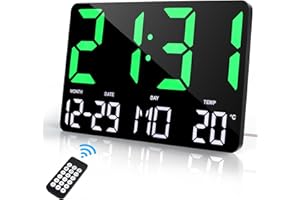 Lafocuse 12" LED Reloj de Pared Digital con Pantalla Grande, Silencioso Reloj Digital Sobremesa con Temperatura, Fecha, Alarma, Snooze, 12/24 Horas, Brillo Ajustable, para Salon Cocina Oficina, Verde