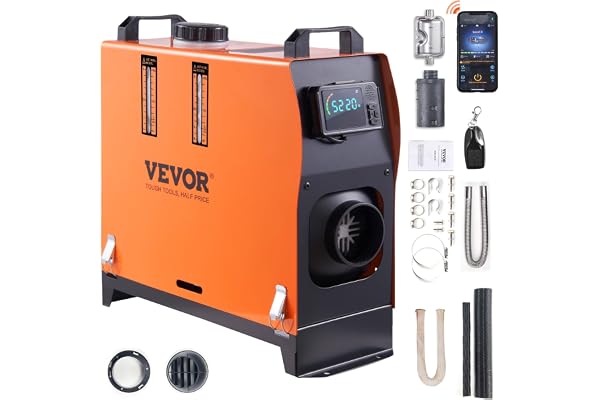 VEVOR Chauffage Diesel Tout-en-Un Portable 12 V 5-8 KW 0,16-0,52 L/h Réchauffeur d'air Diesel 8-36 ℃ Réglable 15-20 m² Contrôle Intelligente LCD Bluetooth Télécommande Réservoir 5 L pour Bateau Auto