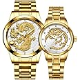 Goodern Men's Gold Watch,Luxury Luminous Couple Pair Watches 3D Dragon Diamond Watches for Men Stainless Steel Dragon Wristwatch Romantic Quartz Waterproof Business Watches His and Her Couple Watches