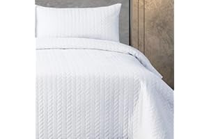 Linen Home - Super King Quilted Bedspreads Size 250x270cm - 3Pcs White Lightweight Throw Set Soft Microfiber Coverlet with 2 Pillowcases 50x75cm for All-Season (White, Super King)