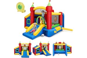 GOPLUS Château Gonflable pour Enfant de 3 à 10 Ans,avec 6 Types de Jeu Différents en Tissu Oxford, 6 Piquets de Fixation et Un Sac de Transportation, 380 x 305 x 215CM (avec Souffleur 450W)