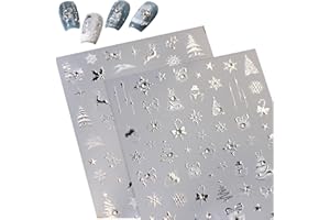BelleFlair 2 Stück 5D Geprägt Nagelsticker Weihnachten, Selbstklebende Silber Schneeflocke Nagelaufkleber Winter, Weihnachtsbaum Nagel Tattoos für Frauen Kinder Nageldesign Silvester Nagel Deko