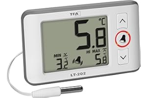 TFA Dostmann Termometro digitale professionale con sensore a cavo LT202, 30.1052, visualizzazione permanente dei valori massimi minimi, allarme temperatura, per acquari/frigoriferi, bianco