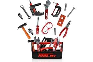 Playkidiz Tool Box dla dzieci 22-częściowy Boys & dziewczyn Budowa Toy Playset w / Carry Klatka piersiowa, Working Naciśnij przycisk zasilania Wiertła, młotek, śrubokręt, klucz francuski, szczypce, Saw & Inne Realistyczne Narzędzia Ages 3+