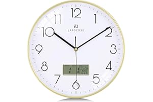 Lafocuse Wysokiej jakości matowy złoty zegar ścienny z datą, termometrem, duży LCD, cyfrowy kalendarz, zegar kwarcowy, dekoracja do salonu, sypialni, 30 cm