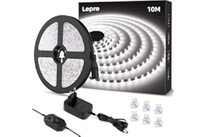 Lepro 10M Ruban LED Blanc Froid Dimmable 12V 6000k 420LEDs V2835, Bande LED Autocollant Réglable via Variateur pour Miroir Dressing, Meuble, Escalier, Chambre, Cuisine