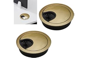 AJINACIOUS 2 Pack 60mm Desk Cable Grommet Cover, One-Piece Molded Construction Cable Heavy Duty Zinc Alloy Hole Organizer with Adjustable Center Cable Hole for Office Computer Desk Worktops (Gold)