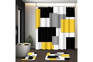 Tayney Yellow Geometric Shower Curtain Set with Toilet Lid Cover and Non-Slip Rugs for Bathroom, Black White Grey Checkered 4 Pcs Shower Curtain, Modern Abstract Bathroom Set with 12 Hooks