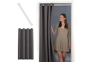 ‎TINYCURTAINS tinycurtains, Thermo Türvorhang mit Teleskopstange, einfache Montage in nur 1 Minute ohne Bohren (Türgardine grau + H195 x B150 cm + Stange weiß B70-120 cm)