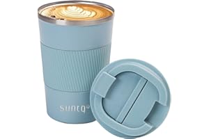 ‎SUNTQ SUNTQ Kaffeebecher to go Thermo aus Edelstahl 380ml Thermobecher mit Gummierte Manschette Doppelwand Isoliert - Kaffeetasse mit Auslaufsicherem Deckel Wiederverwendbar Himmel Blau
