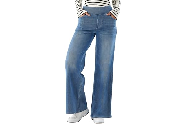 SotRong hög elastisk midja säckig breda ben dra på jeans med flera fickor magkontroll rakt ben ledig lös stretchig kurva plaz