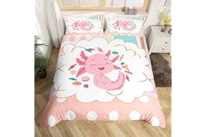 feelingyou Cartoon Axolotl Tröster Covet,Rosa Süße Fischsüßigkeit Bettbezug für Mädchen Teens Schlafzimmer Geschenk,Kawaii Girly Plaid Trösterdecke Dekorativ mit 1 Kissenbezügen,155×220 cm