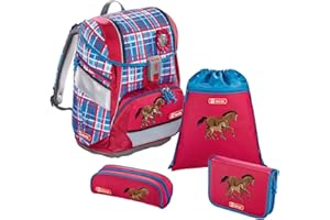 Step by Step Schulranzen-Set 2IN1 „Horse Family“ 4-teilig, rot-blau, Pferde-Design, ergonomischer Tornister mit Reflektoren, höhenverstellbar mit Hüftgurt für Mädchen 1. Klasse, 19L