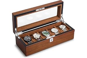 RoYiio Boîte à Montres en Bois à 5 Grille avec Couvercle en Verre, Boîte à Montres avec 5 Supports de Montre Amovibles, Organisateur de Rangement pour Montre Cadeau pour Homme Fille