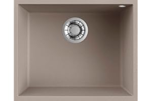 EVHOC Lavello di Design per Cucina 1 Vasca UNICUM S Sottotop, Lavandino in Kuarzite Vasca Unica, Piletta e Accessori per il Montaggio Inclusi, Made in Italy, Tortora, 54x44 cm