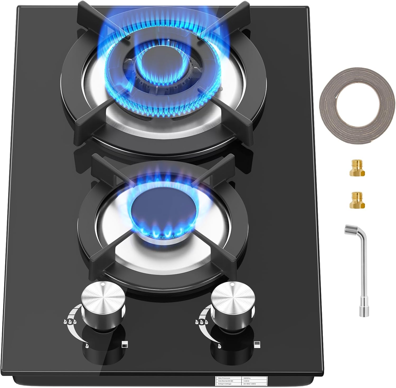 Gas Hob 2 burners, Built in Black Glass Gas Hob with Flame Out Protection,with Cast Iron Supports,NG/LPG Convertible
