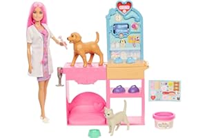 Barbie Clínica veterinaria Conjunto con muñeca de pelo rosa, muebles de consulta veterinaria y más de 10 accesorios incluyendo moldes y masa para escayolas, JFX93