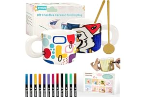 EVIEUN Keramik Bemalen Set Weiße Tassen Bemalen Set,Mit 2 Tassen 400ml,12 Malstiften und 2 Löffeln,Kreativität im Haushalt,Erwachsene DIY Becher Handwerk Bastelset