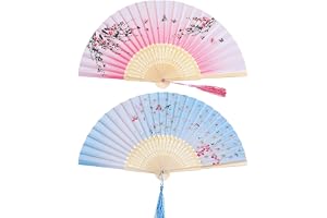 IKEEP 2-Piece Bamboo Fans with Tassel - Women's Hollowed Bamboo Hand Fans for Wall Decoration, Gifts (Pink Peach Blossom & Blue Cherry Pattern)