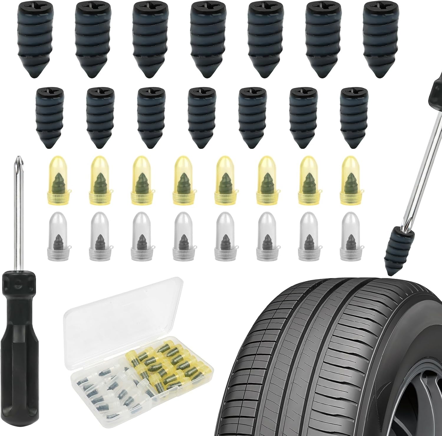 Adiwo Clavos de Reparación de Neumáticos de Goma, 30 PCS Tubeless Tire Repair Stud Kit, 2 Tamaños Tire Repair Studs with Screwdriver, Car, Motorcycle, Truck, Bike Tire Repair Kit (15S+ 15L)