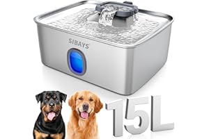 Sibays Fontaine a Eau Chat INOX, 15L Grande Fontaine a Eau Chien avec Zone de Boisson Plus Large, Super Silencieuse Fontaine à Eau pour Chat avec LED & Filtre, Adieu aux Remplissages Fréquents, FS76