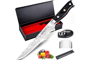 MOSFiATA Couteau à filet de saury de cuisine professionnelle, couteau de cuisine en acier inoxydable à bord de désossage de poisson et de viande avec aiguiseur