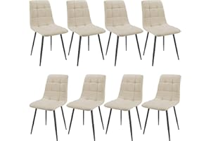 JIJIAN Set of 8 Dining Chairs, Linen Kitchen Chairs, Living Room Chairs with Upholstered Seat Backrest and Sturdy Black Metal Legs, Checkerboard Pattern (Beige)