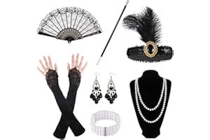 Opopark 7 Stück 20er Jahre Accessoires 1920er Accessoires Damen 20er Jahre Kostüm Damen Charleston 1920er Jahre Zubehör Set mit Stirnband Handschuhen Halskette Armband Ohrringen Spitze Faltfächer