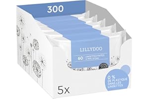 Lingettes LILLYDOO pour bébé faites à 99% d'eau, Lot de 5 x 60 (300 pièces), tissu 100% sans plastique, sans parfum et doux comme du coton et de l'eau