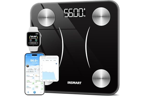 Insmart Balance Pese Personne, Balance Connectée avec apps, Pese Personnes mesure de la balance 16 données corporelles (IMC/graisse corporelle/BMR/muscle, etc.), affichage LED, très précis