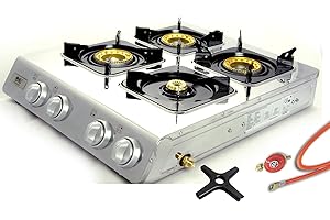 NJ THE RIGHT CHOICE Stainless Steel Gas Cooker 1, 2, 3 or 4 Flame Propane Gas Camping Stove Turbo Burner + Gas Range Incl. Gas Hose, 50 mbar Pressure Regulator